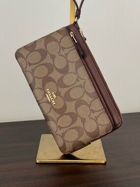 Coach Signature Double Zip Wristlet, Brown canvas and leather